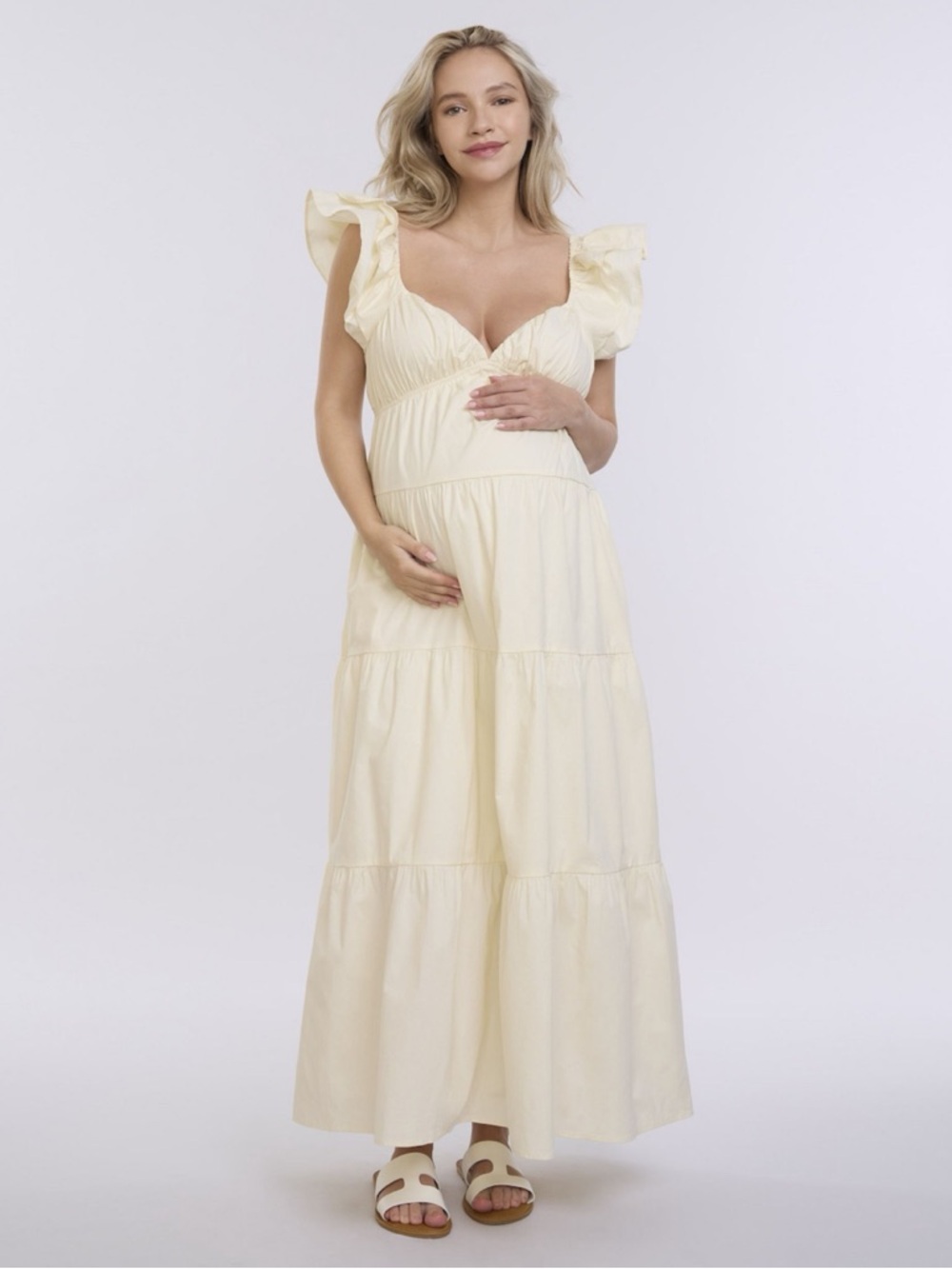 Cream Ruffle-Sleeve Maternity Maxi Dress